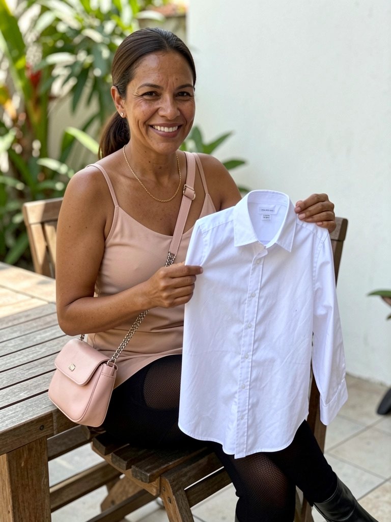 Camisa de algodão branca passada e dobrada sobre superfície neutra.