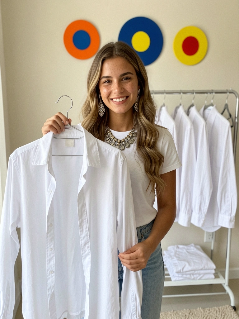 Camisa branca combinada com colar grande e brincos chamativos sobre fundo neutro.