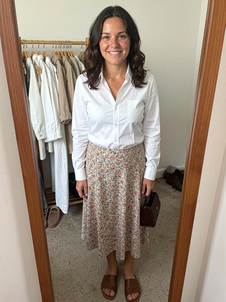 Camisa branca combinada com saia midi floral e sandálias rasteiras.