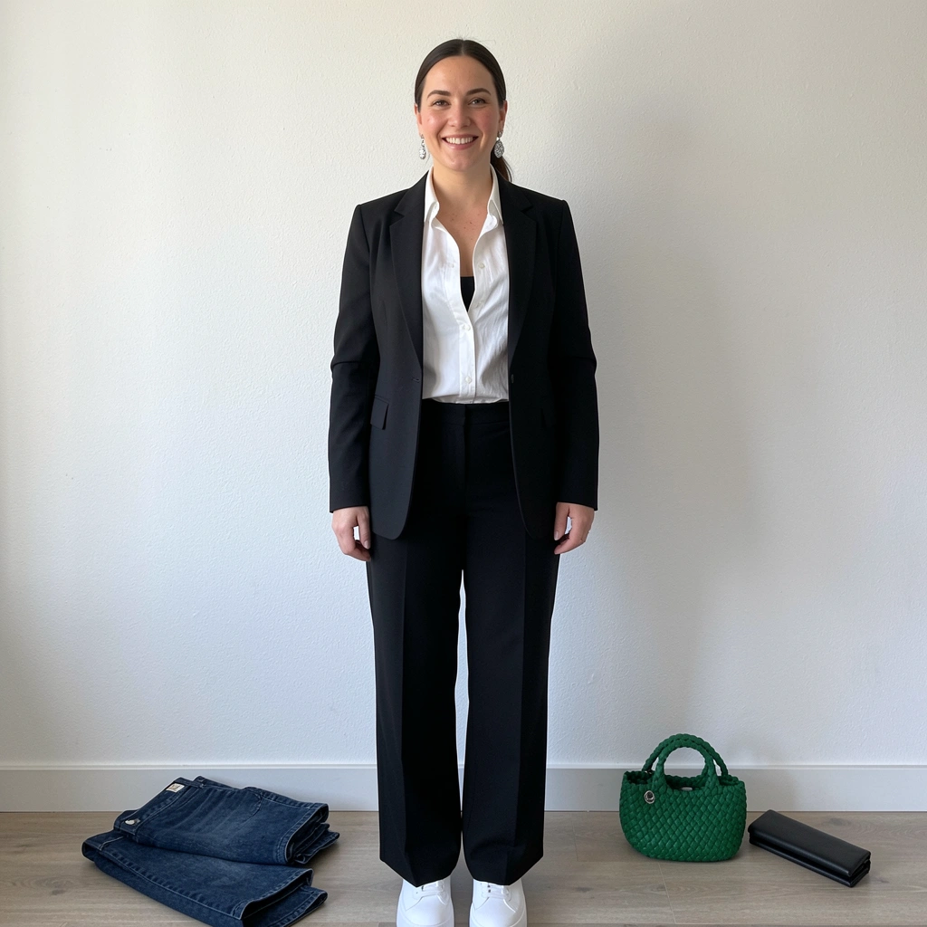 Mulher usando camisa branca, blazer cinza e calça de alfaiataria preta, em pose ereta.