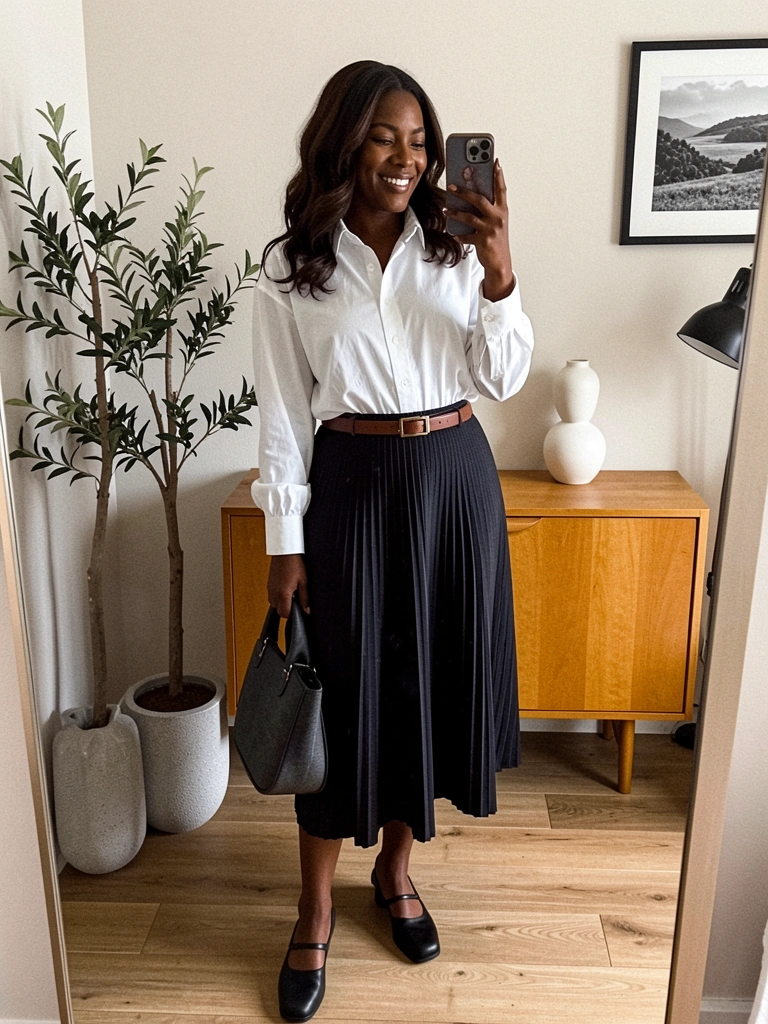 Camisa branca combinada com saia plissada e saltos altos, compondo um look festa.