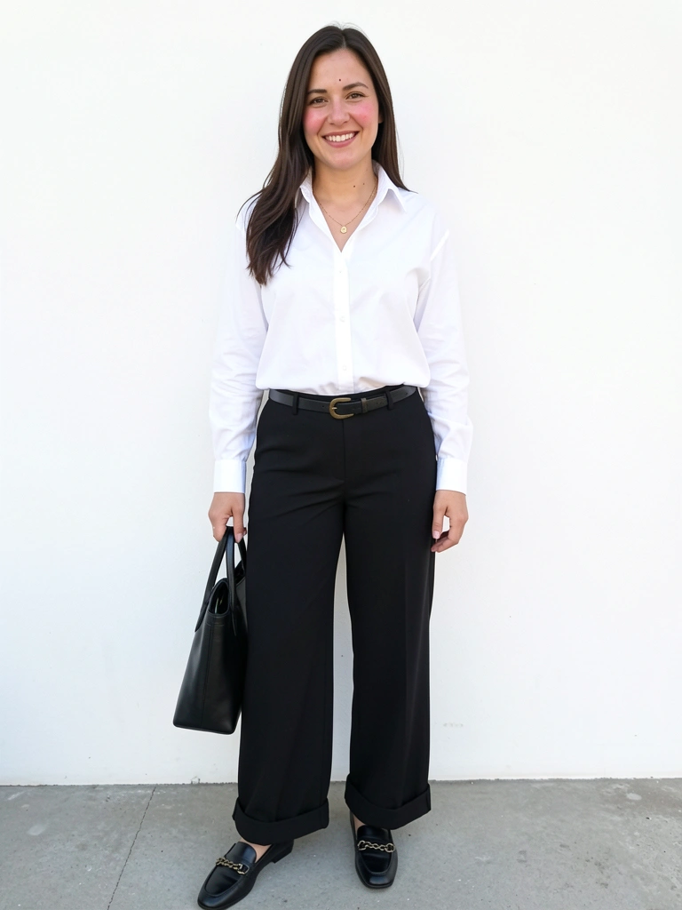 Camisa branca oversized com calça pantalona preta e colar dourado.