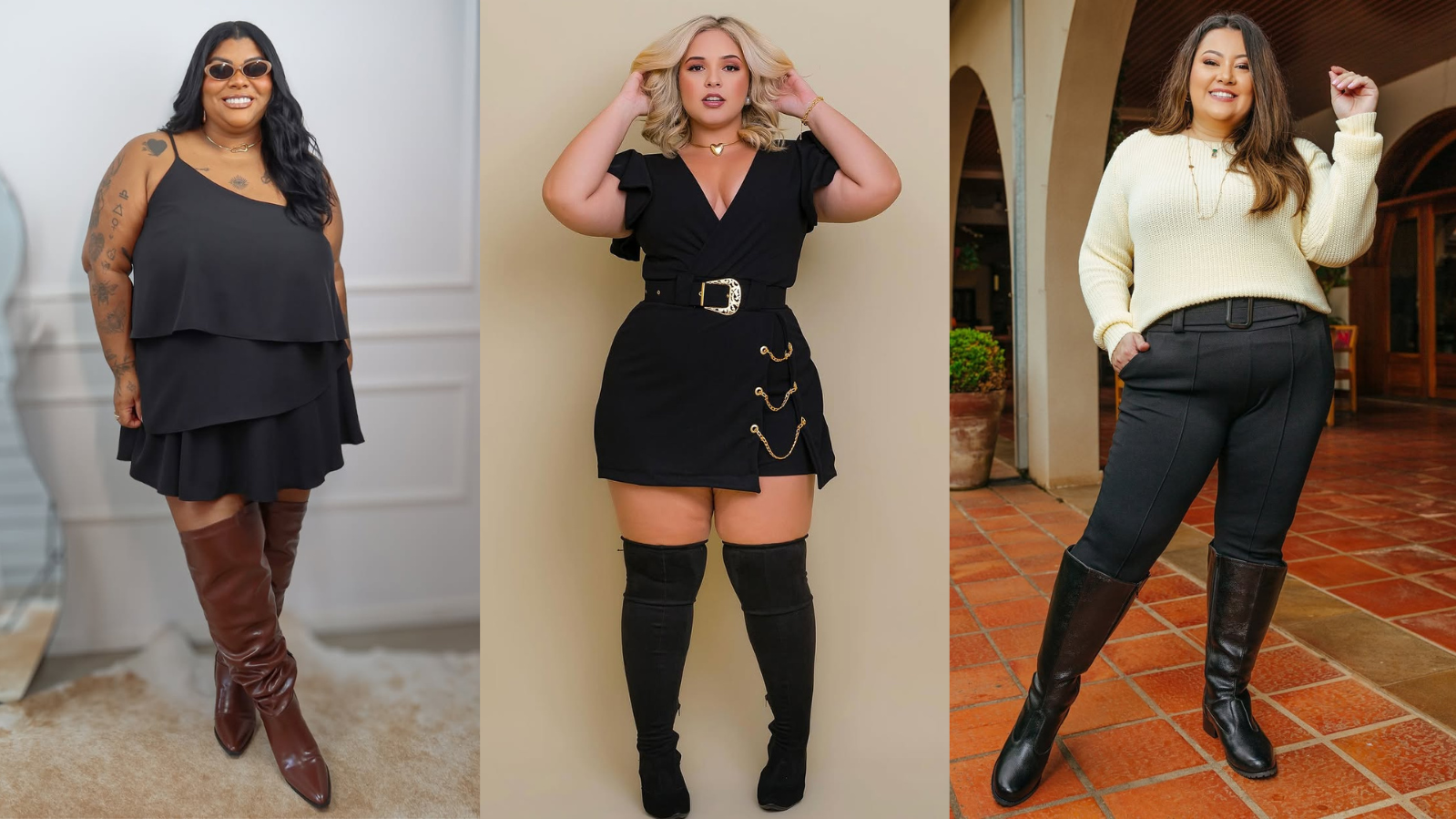 looks com meia calça e bota plus size