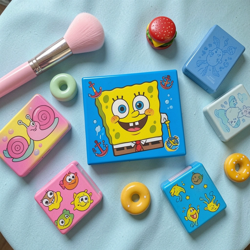 Paleta de sombras coloridas com tons de amarelo, rosa e azul sobre fundo neutro