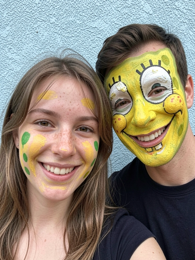 Paleta de maquiagem com tons de amarelo, rosa e azul, espelhos e pincéis sobre bancada clara.