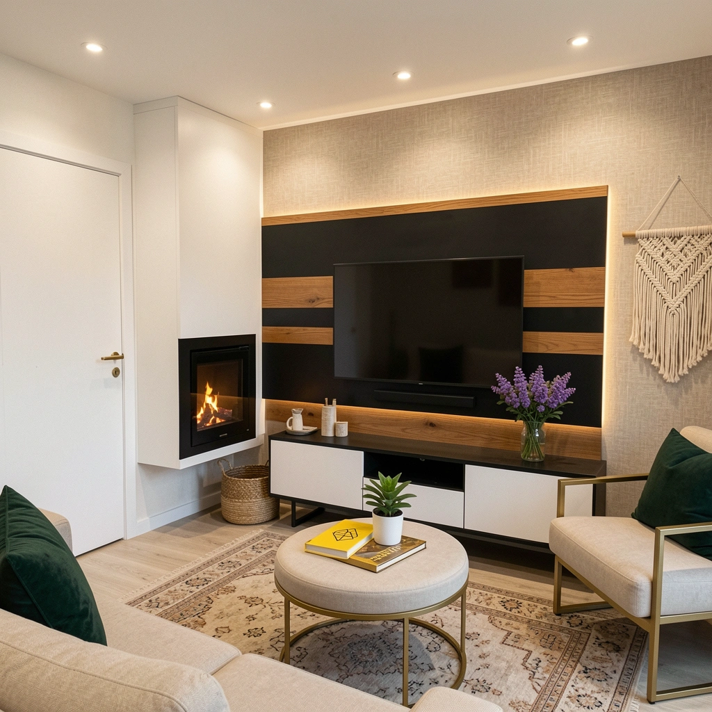 Sala de estar com sofá bege, almofadas coloridas, tapete com franjas e plantas em vasos, misturando elementos boho e minimalistas.