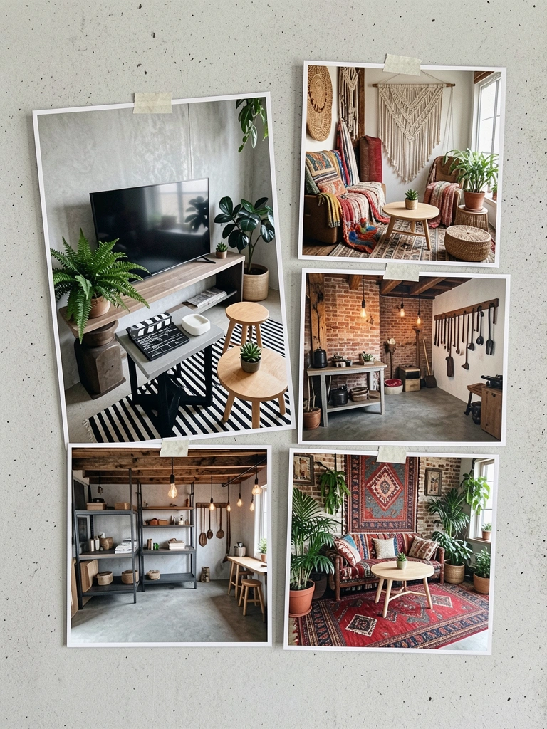 Colagem com cinco ambientes de decoração: boho, minimalista, rústico, industrial e maximalista.