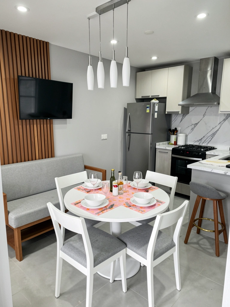 Sala compacta com sofá-cama, estante modular e mesa dobrável, iluminação natural por janela ampla.