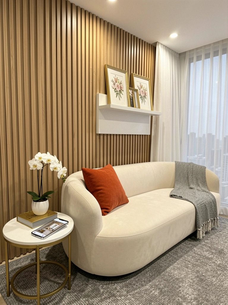 Smartphone exibindo aplicativo de decoração com foto de sala reformada.