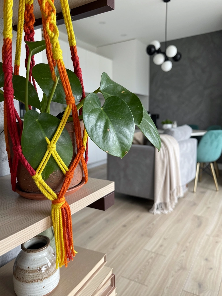 Detalhe de franjas coloridas e macramê com plantas ao fundo.