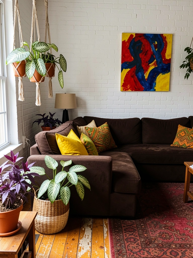 Sala de estar neutra com sofá cinza, almofadas coloridas e quadro abstrato vibrante na parede.