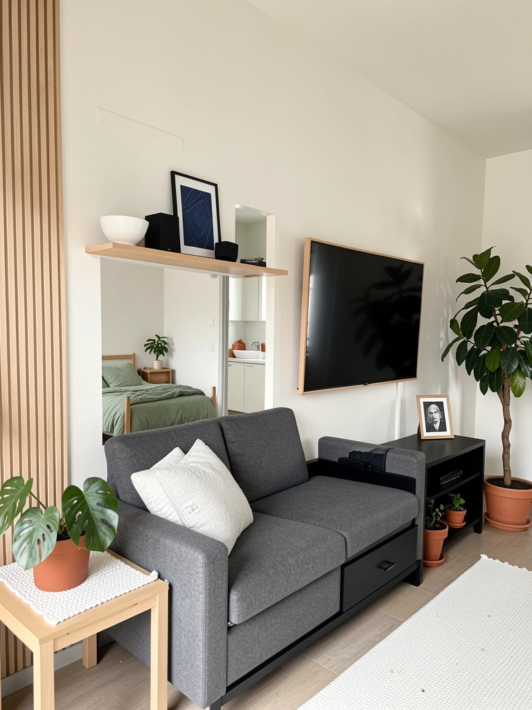 Quatro cômodos decorados em harmonia: sala, quarto, cozinha e banheiro com paleta de cores neutras e iluminação natural.