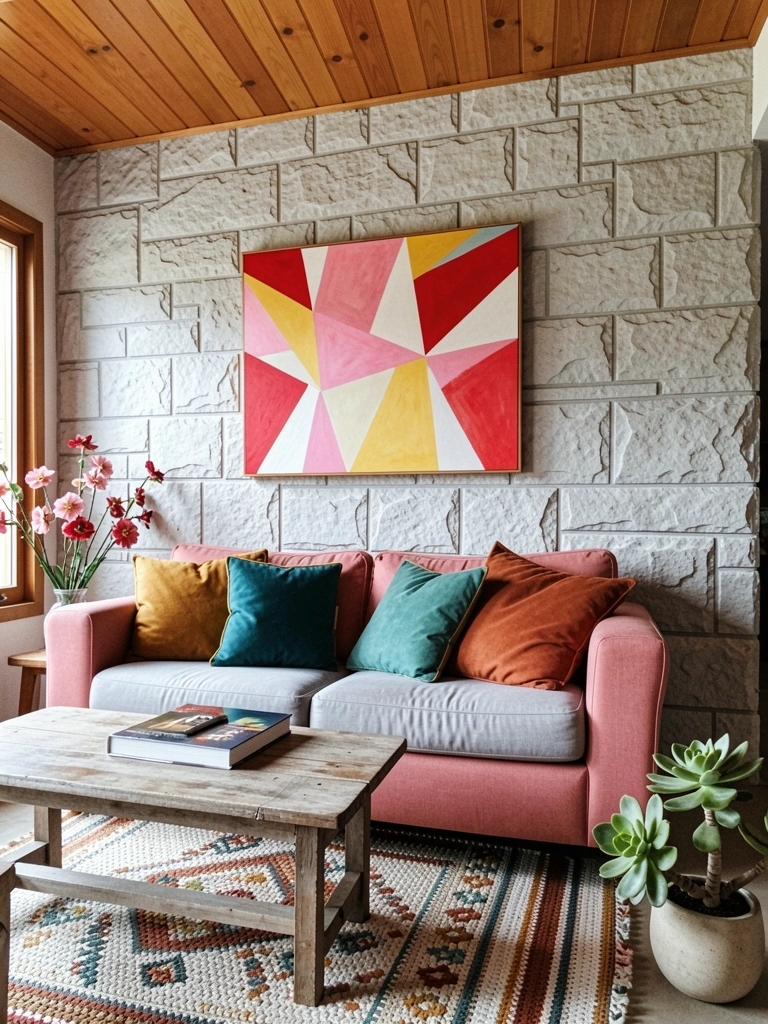 Sala com tapete de crochê, almofadas coloridas e plantas em vasos.