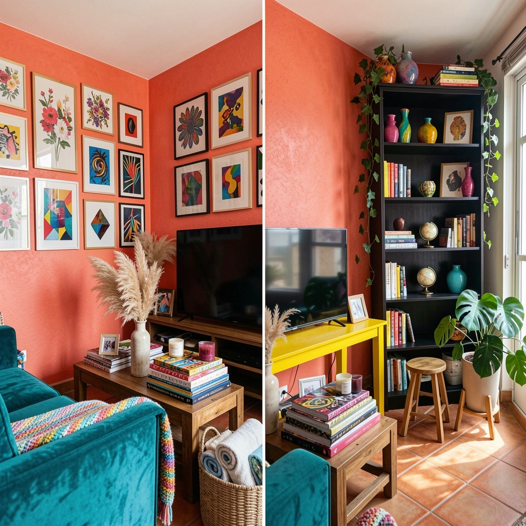 Sala com paredes em tom vibrante, estampas florais e geométricas em almofadas e tapete, estantes com vasos, livros e esculturas.