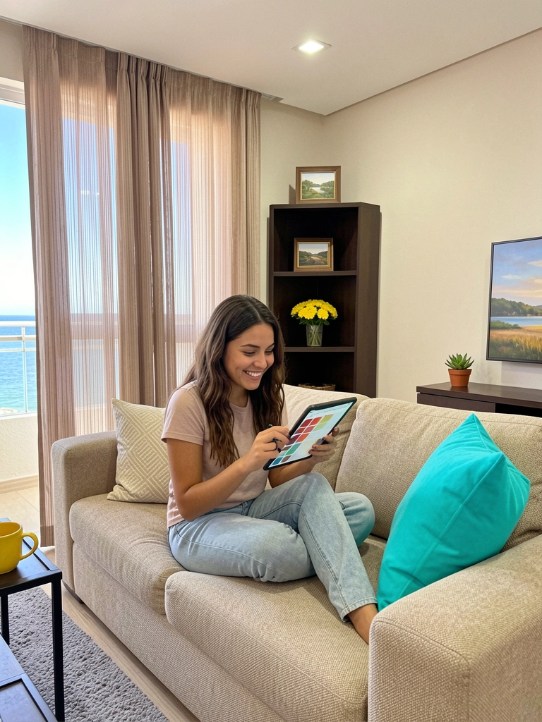 Pessoa tocando em amostras de cores em um tablet com um aplicativo de decoração de interiores.