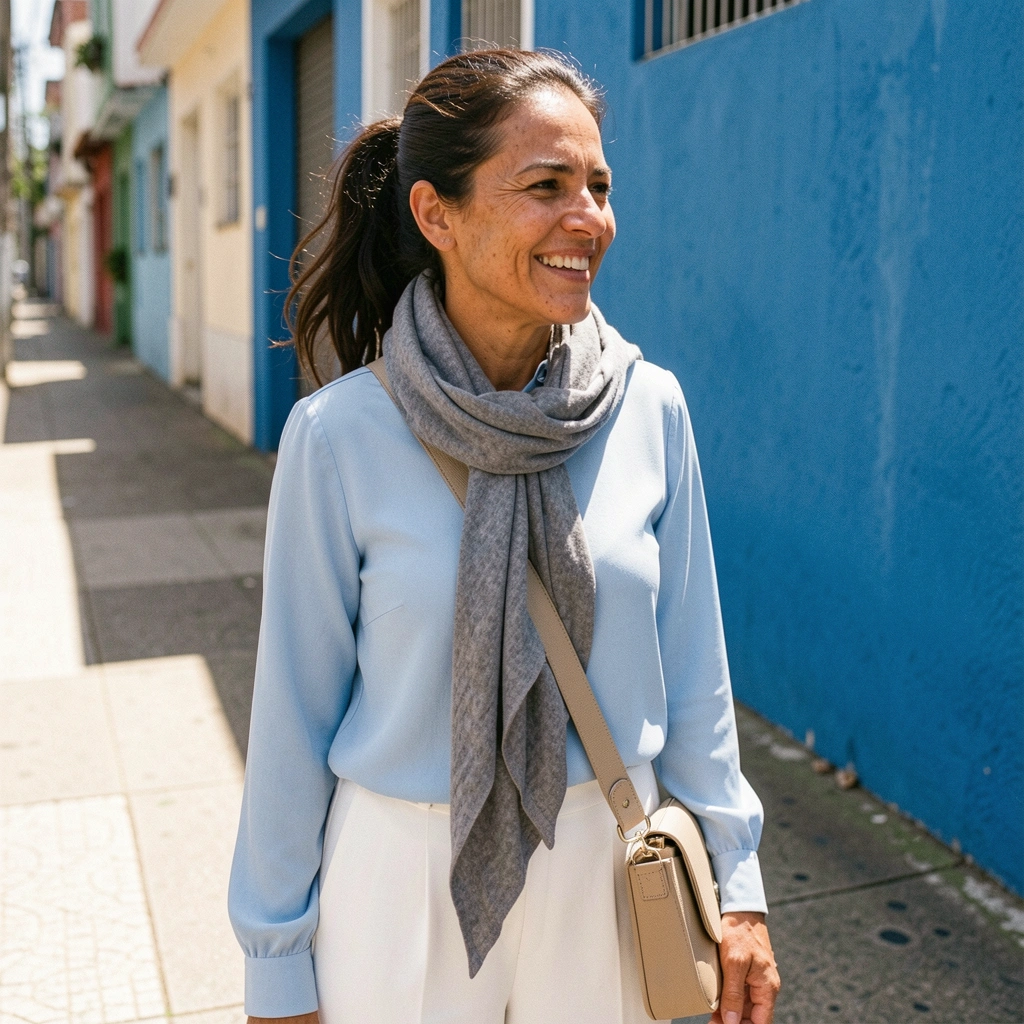 Roupa azul claro com calça branca, cachecol cinza e bolsa bege em fundo neutro.