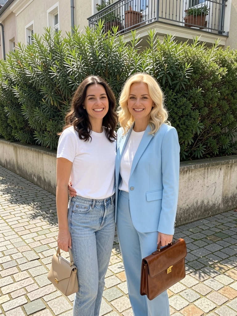 Duas pessoas lado a lado: uma veste jeans e camiseta branca, a outra usa terno azul claro.