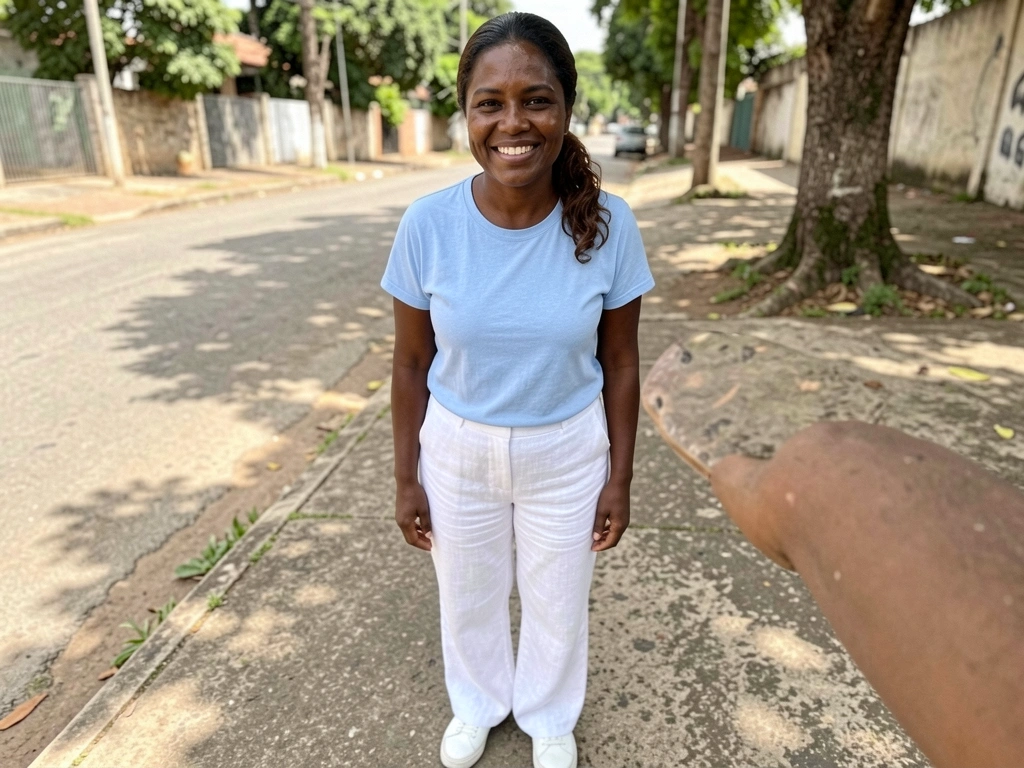 Calça de linho branca, camiseta azul claro e tênis confortável sobre fundo neutro.