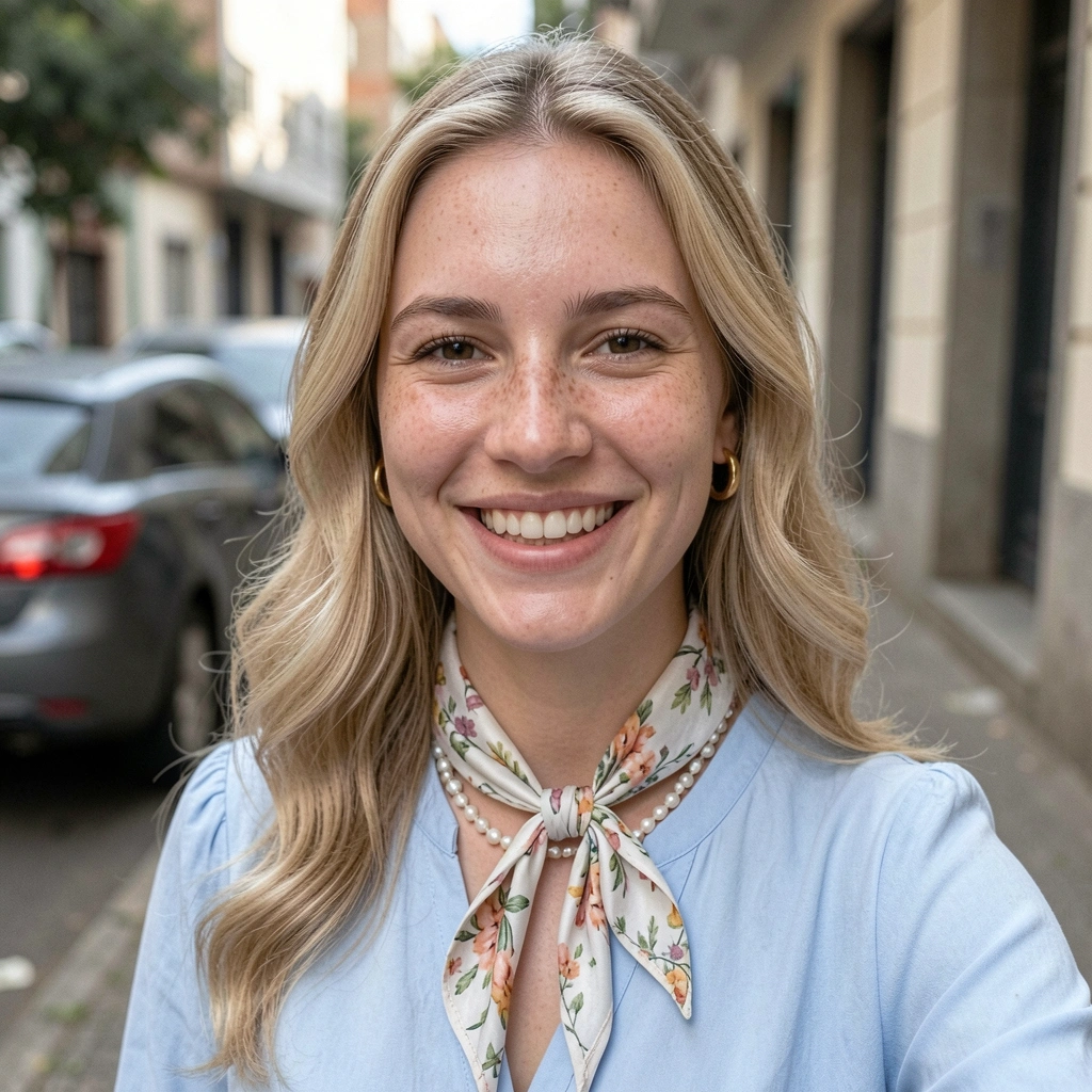 Colar de pérolas, brincos dourados e lenço floral sobre blusa azul claro.