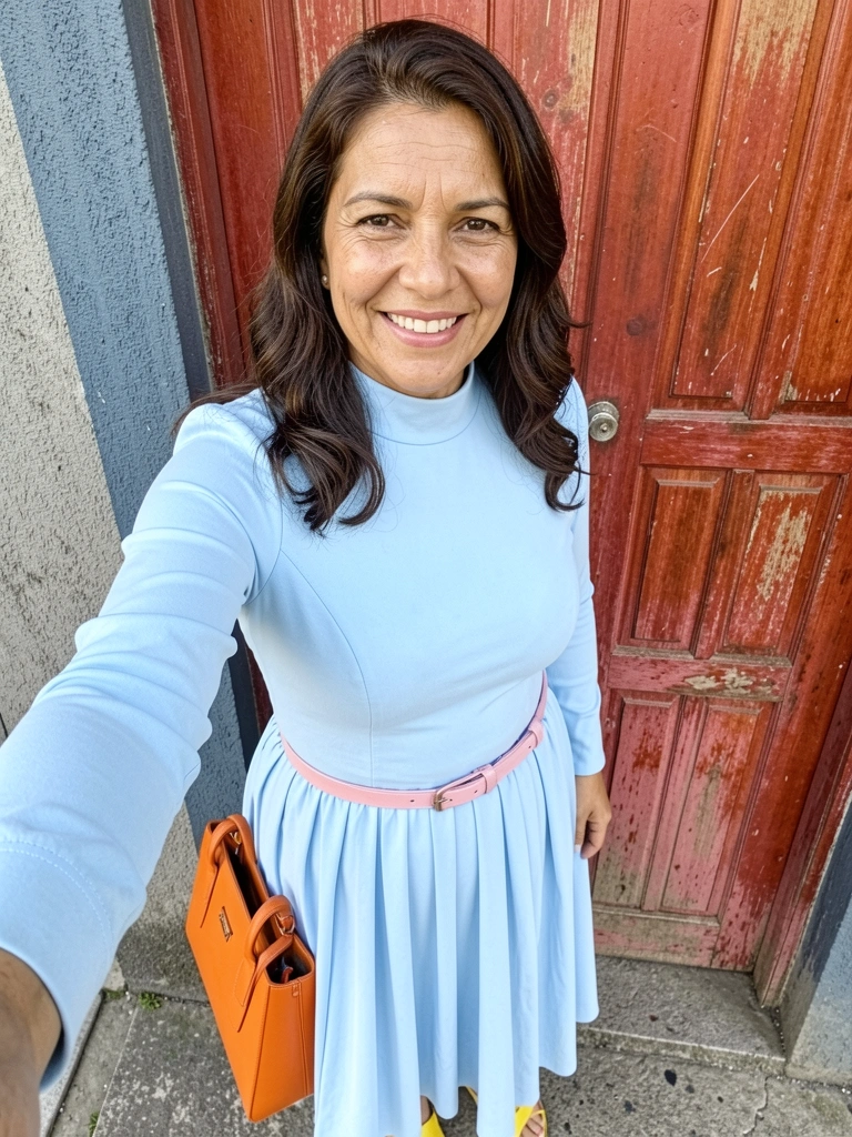 Vestido azul claro combinado com acessórios rosa, sandálias amarelas e bolsa laranja.
