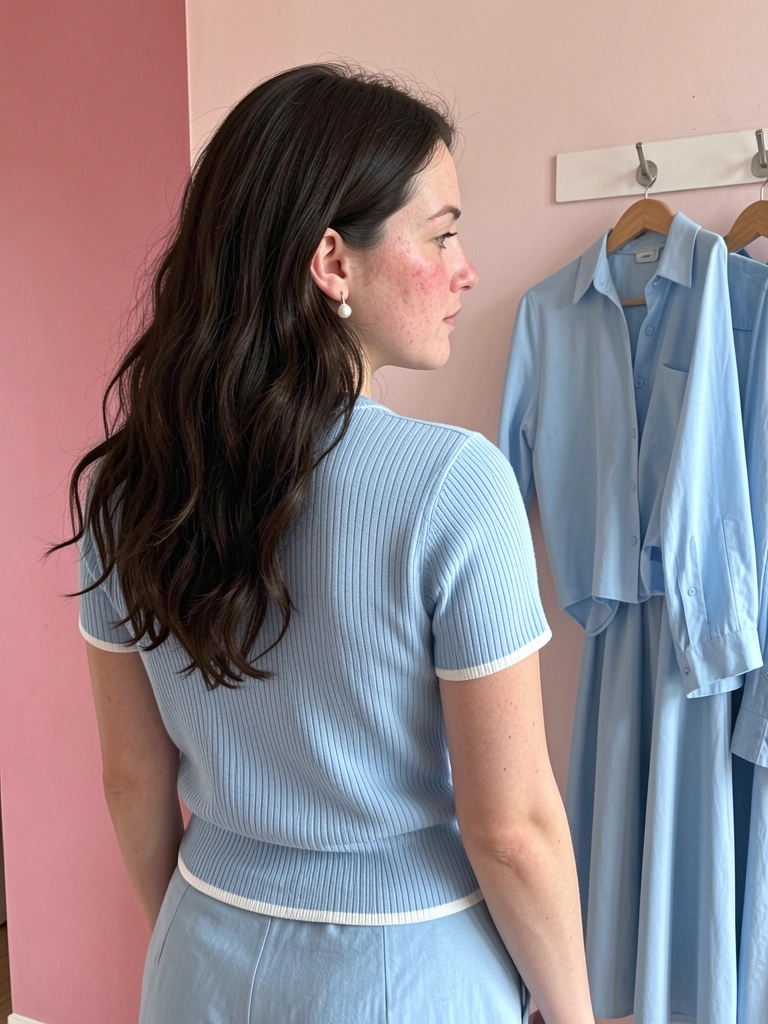 Peças de roupa em azul claro: camisa, vestido, calça, saia e jaqueta dispostas sobre superfície neutra.