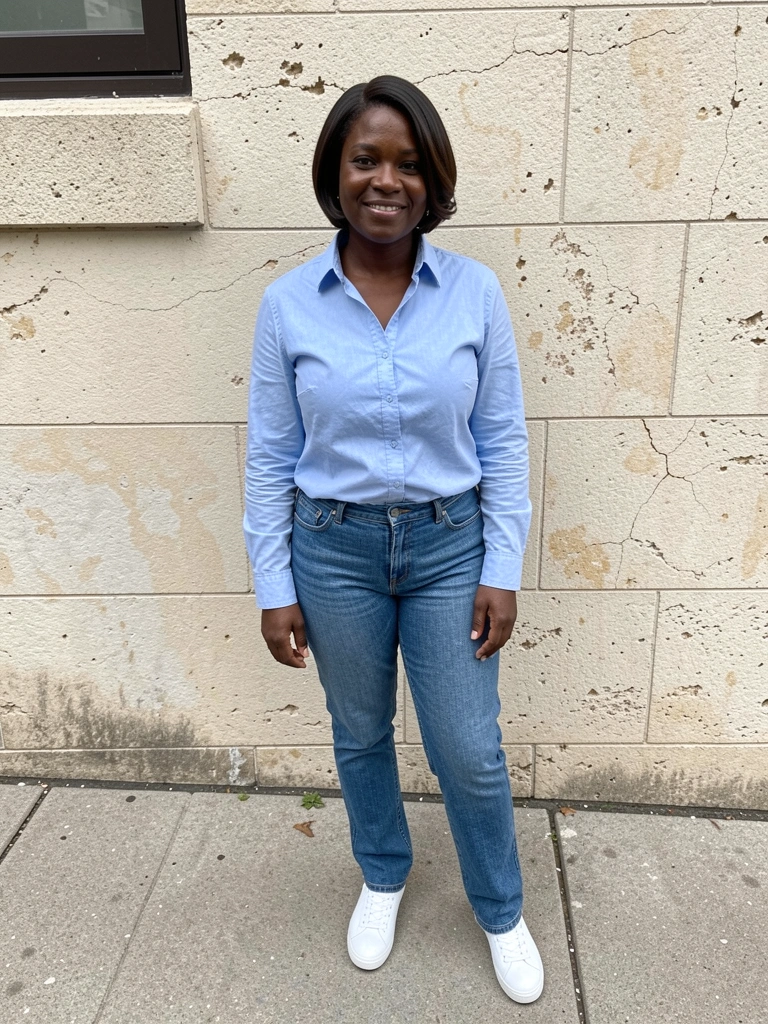 Camisa azul claro, calça jeans e tênis branco em pose casual.