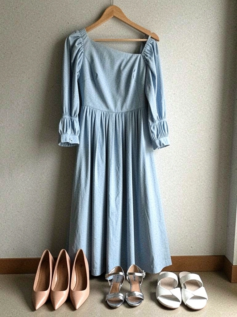 Três sapatos femininos sobre piso claro: scarpin nude, sandália prata e rasteirinha branca, ao lado de um vestido azul claro.