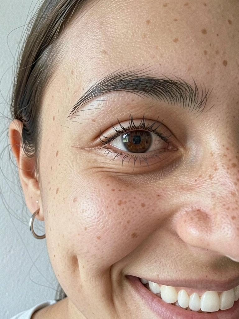 Rosto de mulher com olheiras evidentes sob luz natural.