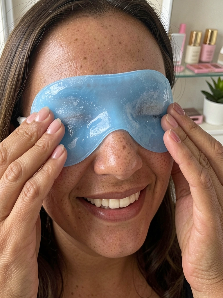 Mulher deitada com compressa fria sobre os olhos, ambiente tranquilo.