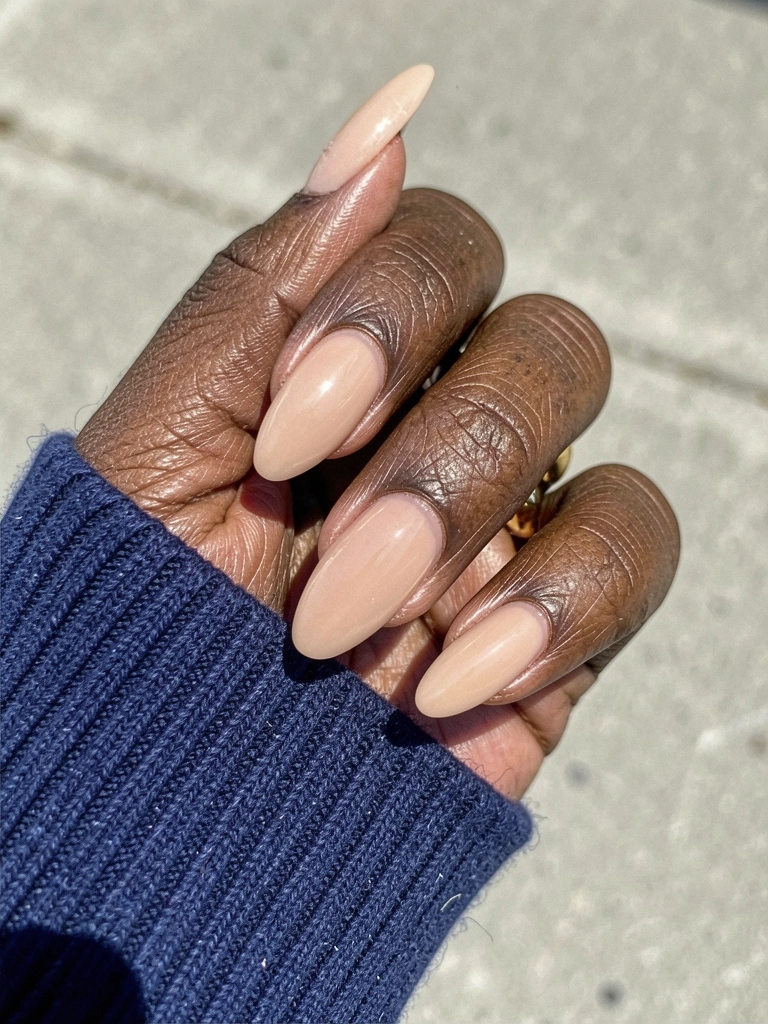 Mãos femininas com unhas de gel de cor nude e acabamento elegante.