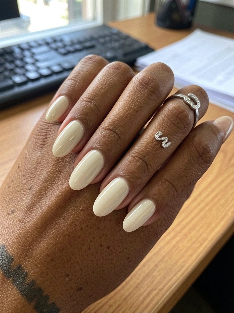 Mãos com unhas de gel cor clara sobre uma mesa de escritório, ao lado de um notebook e caneca.