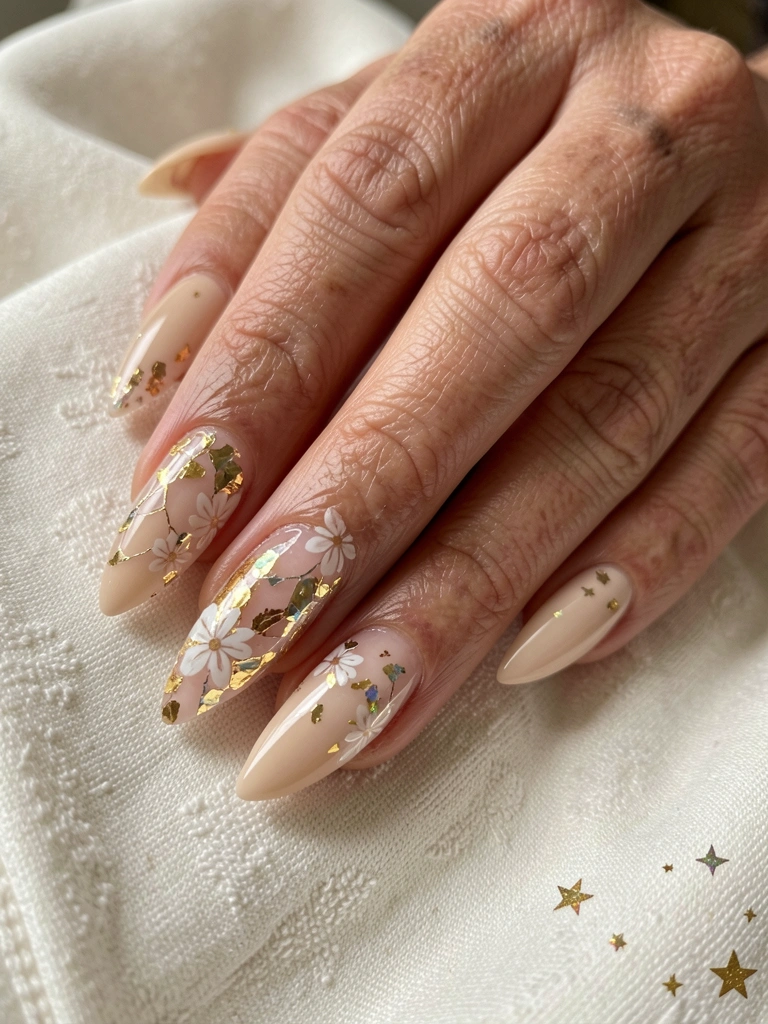Unhas com acabamento em gel claro e efeito vidro quebrado, com superfície irregular e brilhante.