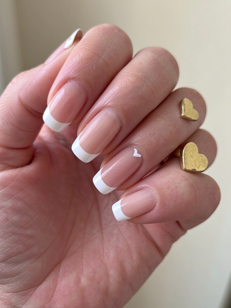 Unhas em gel de cor clara com detalhes brancos minimalistas sobre fundo neutro.