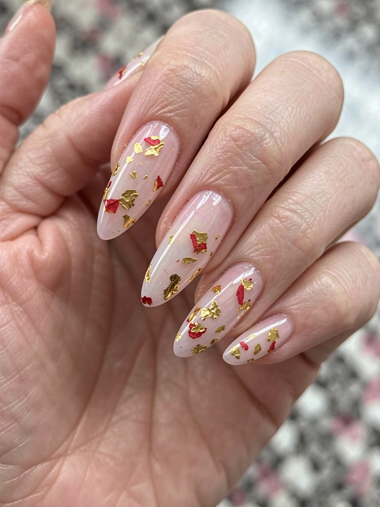 Mãos femininas com unhas de gel transparentes e comprimento médio, apoiadas sobre uma superfície clara.