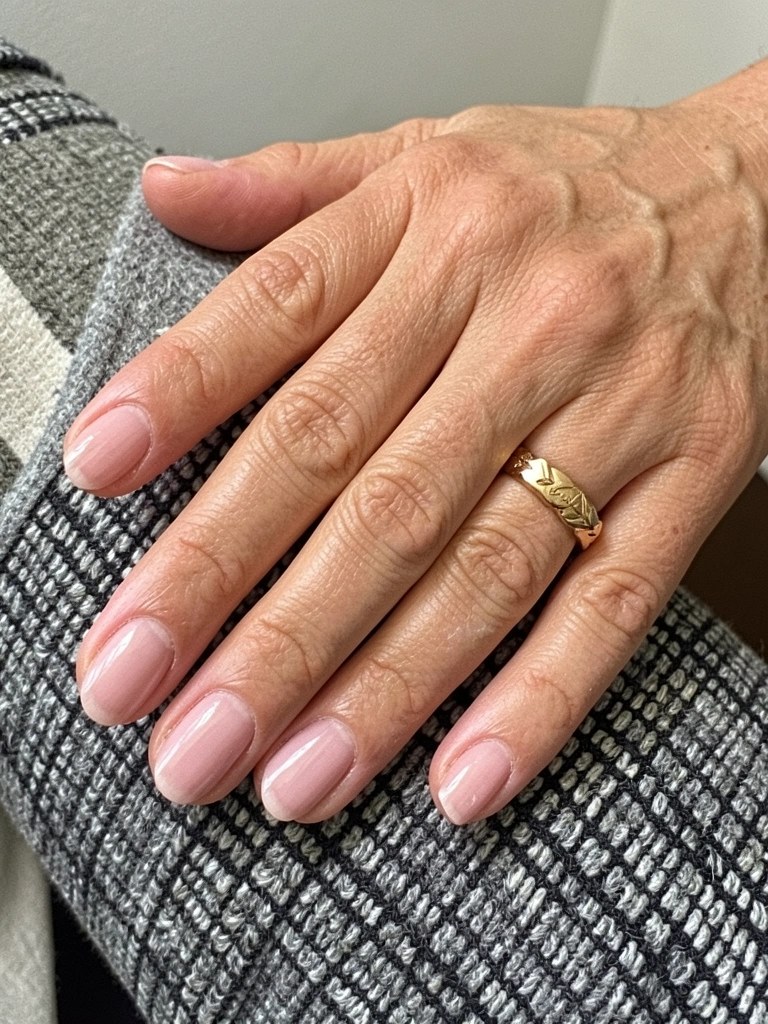 Mãos com unhas de gel cor clara ao lado de esmalte comum, sobre superfície neutra.