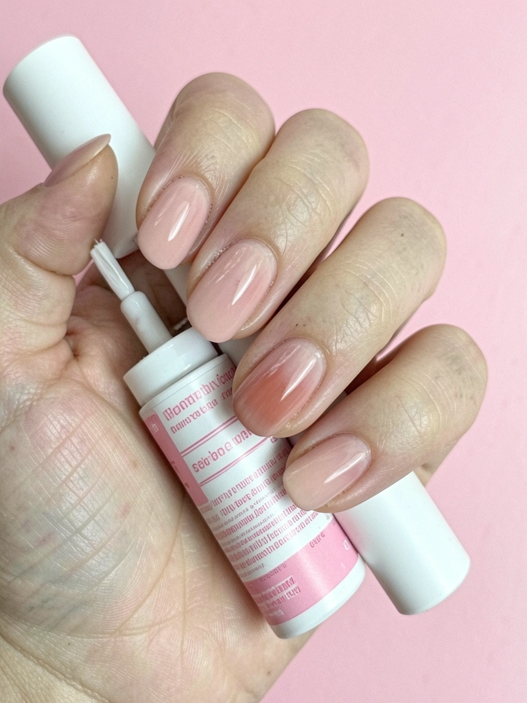 Mãos femininas com unhas claras decoradas, usando anéis e pulseiras sobre superfície neutra.