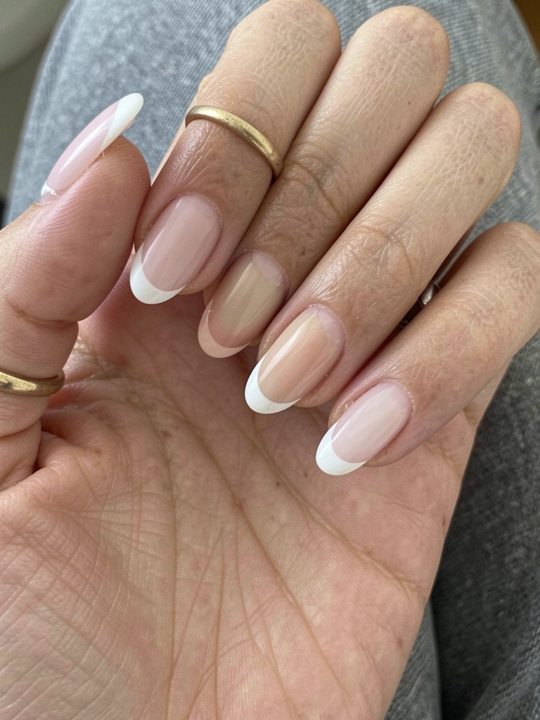 Amostras de esmaltes em tons nude, branco, transparente, rosa claro e bege sobre superfície neutra.