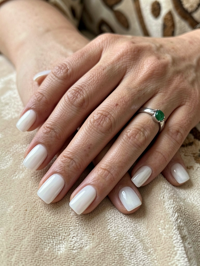 Unhas de gel branco perolado, formato amendoado, com acabamento brilhante.