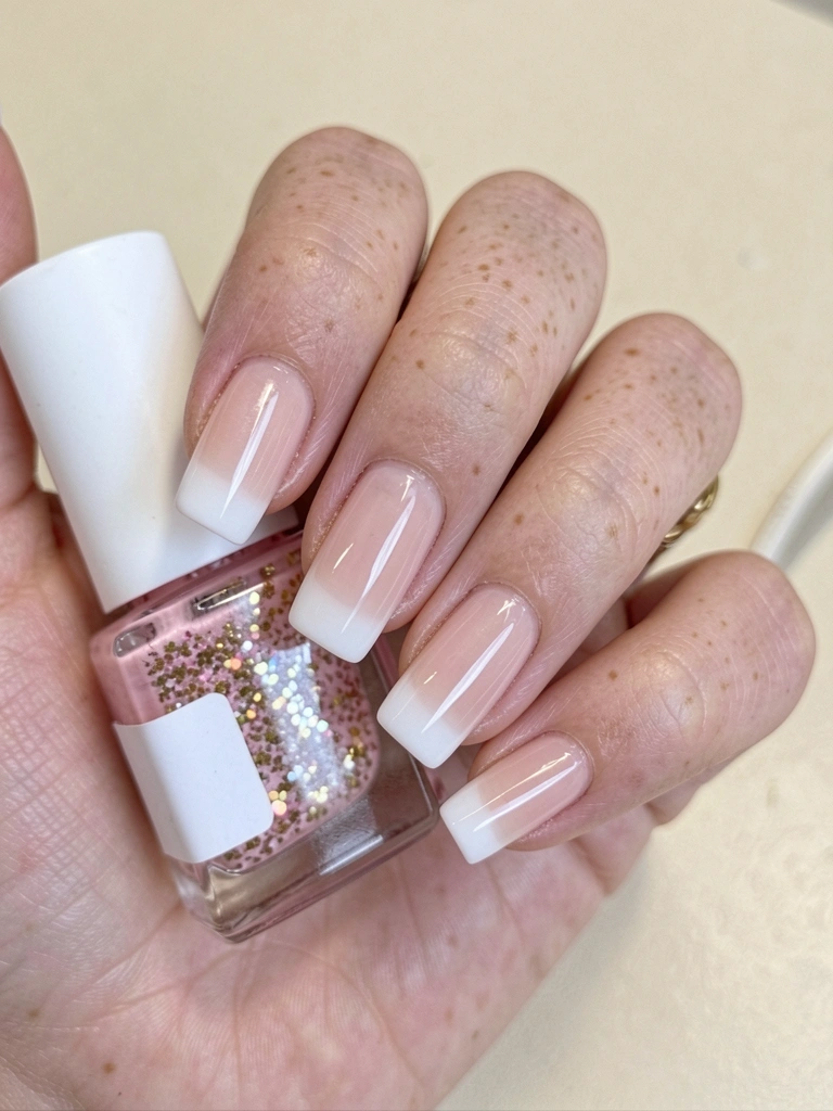 Unhas de gel transparentes com acabamento brilhante.
