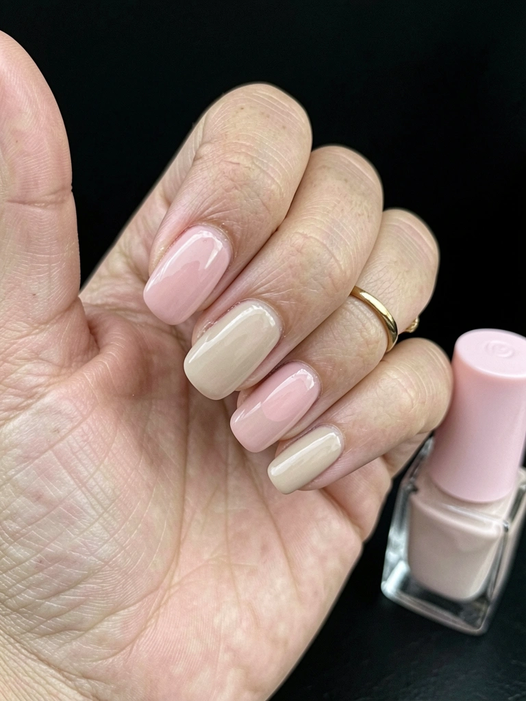 Unhas de gel em tons rosa clarinho e bege, com acabamento liso e brilhante.