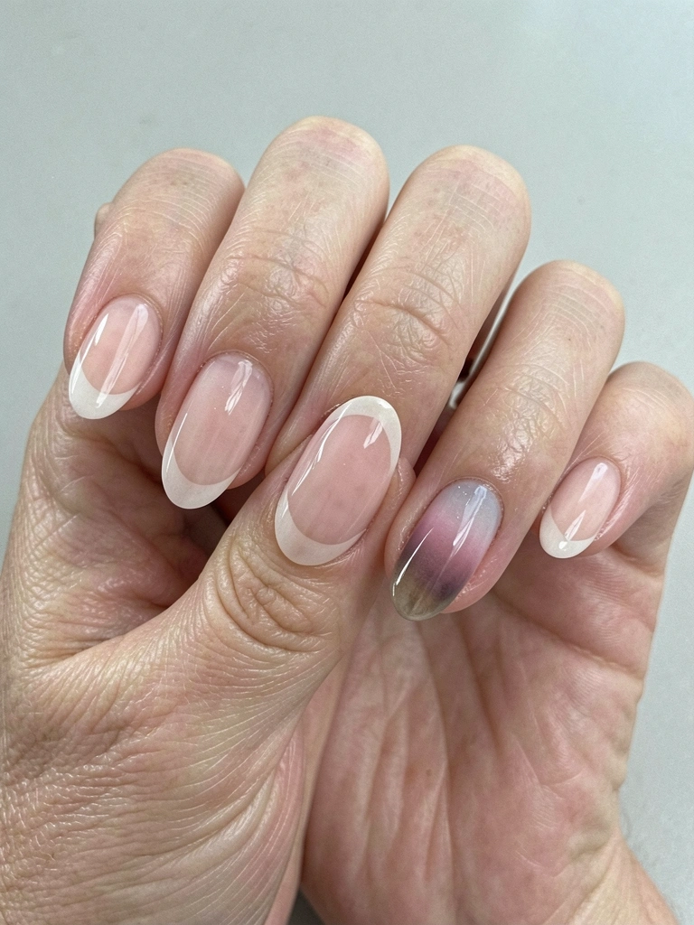 Mão feminina com unhas de gel claras em estilo francesinha, baby boomer e vidro sobre fundo neutro.