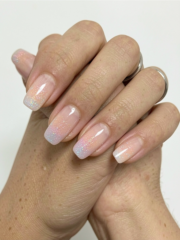 Mãos femininas com unhas francesinhas de base transparente e pontas brancas.