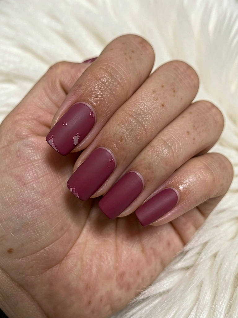 Unha com esmalte fosco e lascas de esmalte descascando.