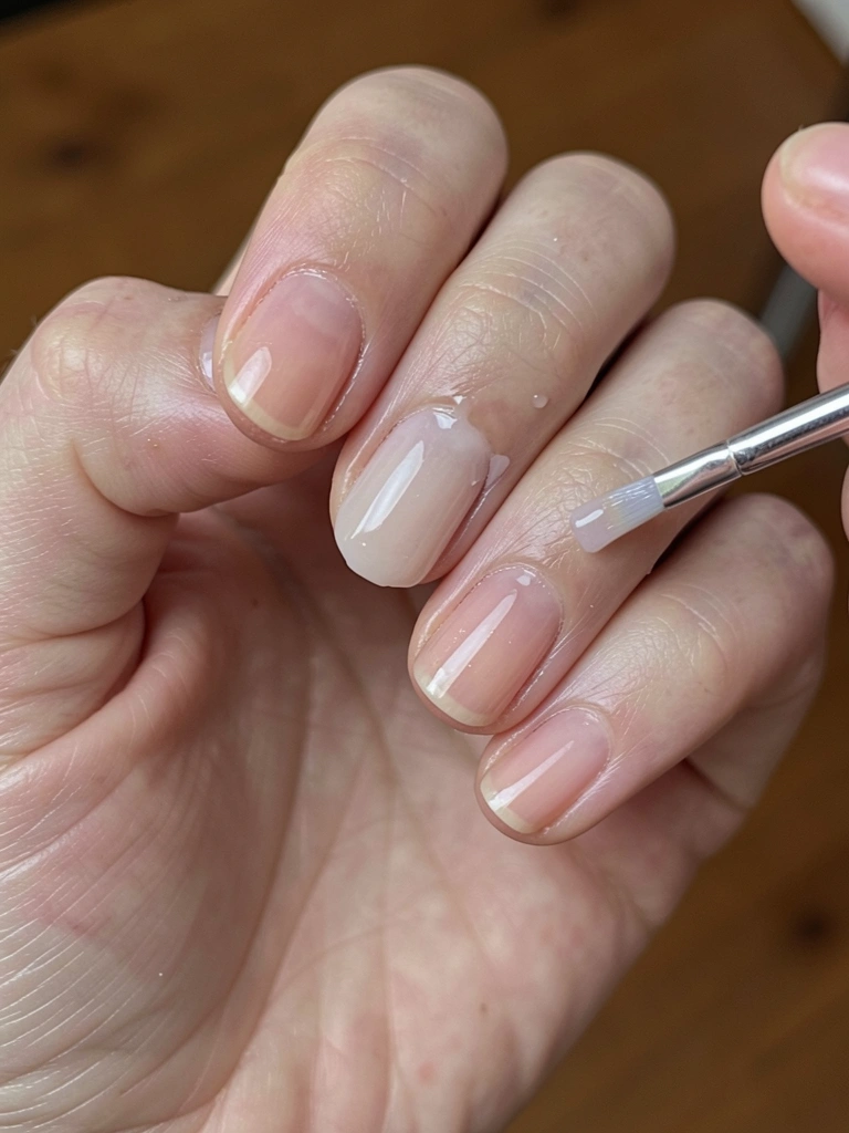 Mão aplicando base transparente em unhas antes do esmalte fosco.