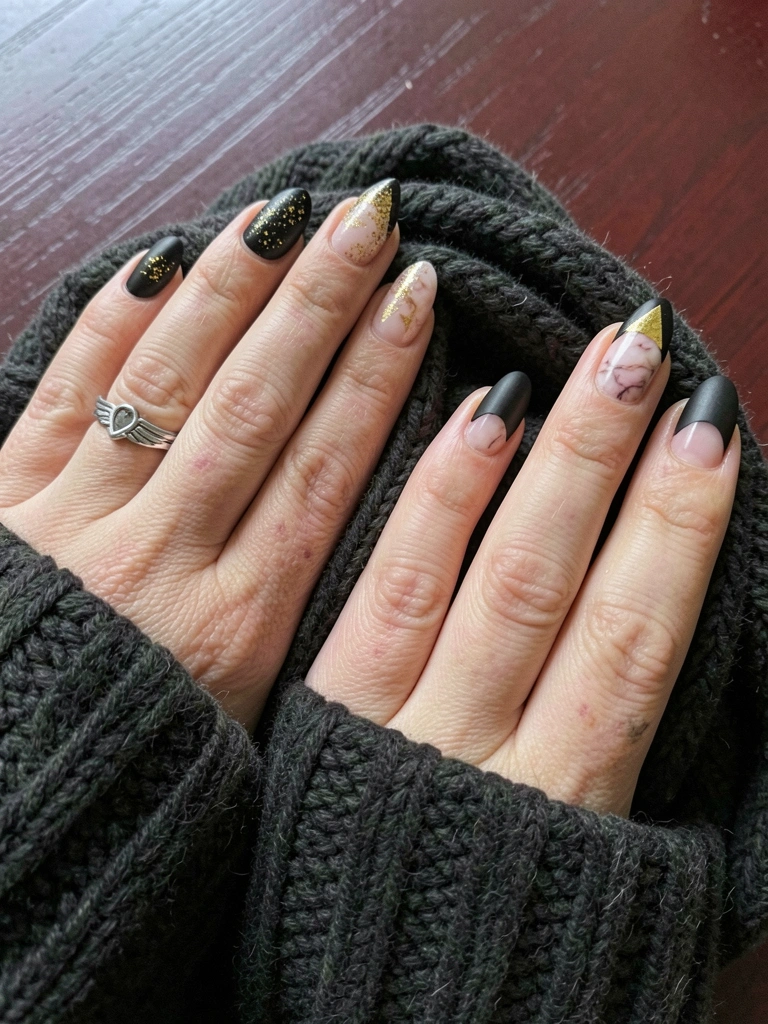Mãos com unhas escuras foscas segurando um cachecol de lã vermelha.