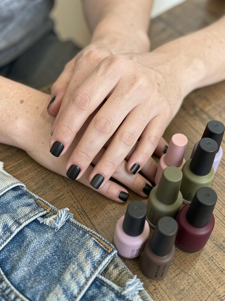 Esmaltes foscos em tons de azul, rosa e nude sobre uma mesa de madeira.