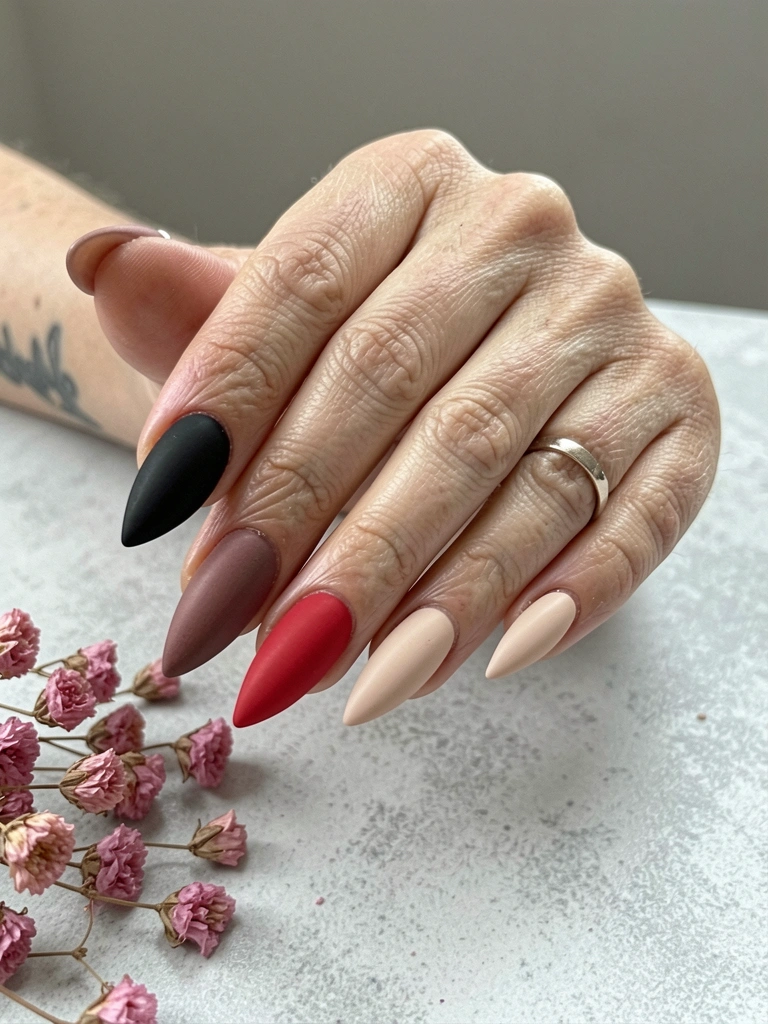 Três unhas foscas lado a lado: vermelha, preta e nude.