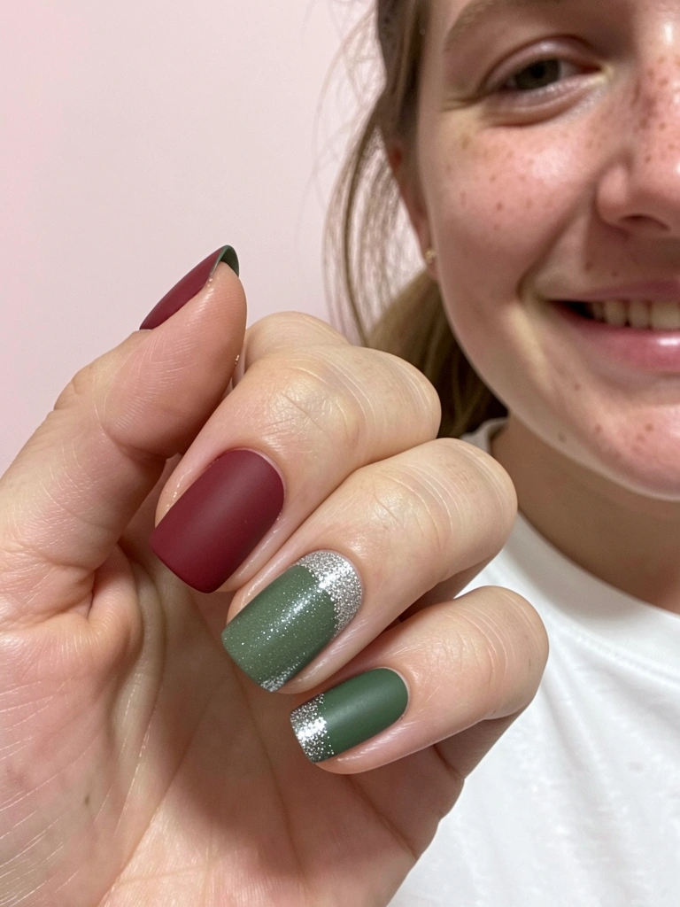 Unhas pintadas em esmalte fosco marsala, verde musgo e com glitter, dispostas lado a lado.