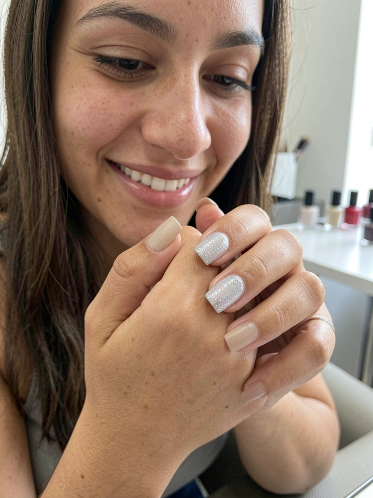 Mulher sentada em salão de beleza recebendo aplicação de unhas de gel.
