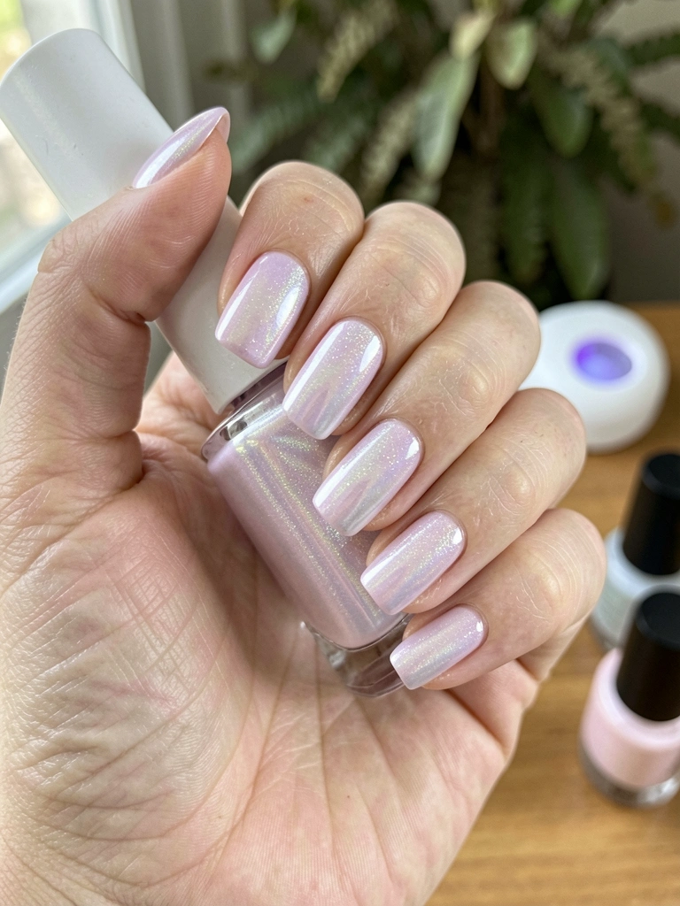 Kit de unhas de gel sobre mesa branca, com frascos de esmalte, lixa e pincéis organizados.